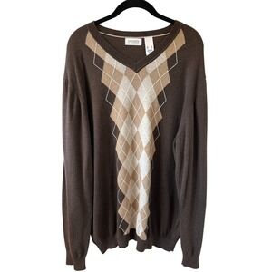 Argyle V-Neck Sweater XL Brown Tan‎ Cotton Grandpa Core Preppy Fall Winter
